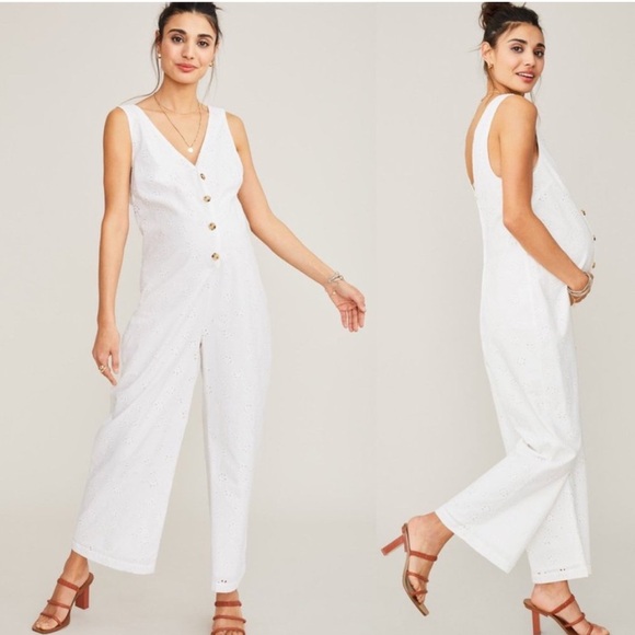 Hatch Pants - Hatch The Cassie Jumpsuit White Eyelet Lace Floral Size 0 Maternity Cotton